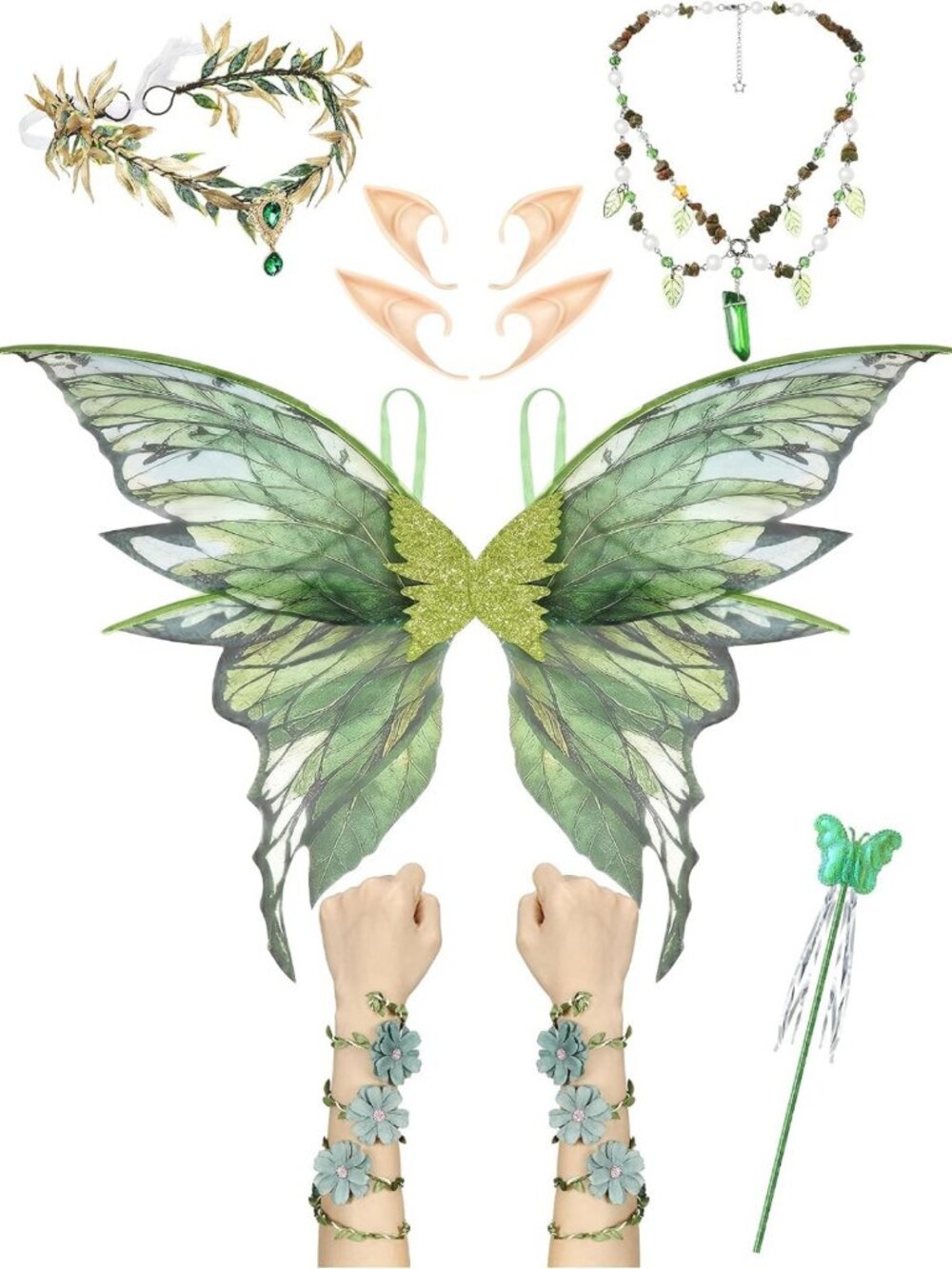 8 Pcs Fairy Wings & Elf Costume Set - Butterfly Wings, Crown, Ears, Wand for